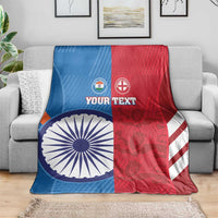Blue, red, and white cricket blanket with India and England flag halves and 'YOUR TEXT'