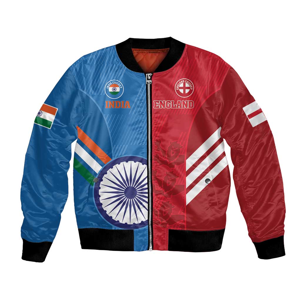 Unisex cricket bomber jacket with front zip; blue/red; India and England patches
