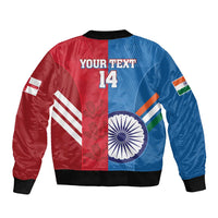 Unisex cricket bomber jacket back view with YOUR TEXT 14; blue/red flag panels