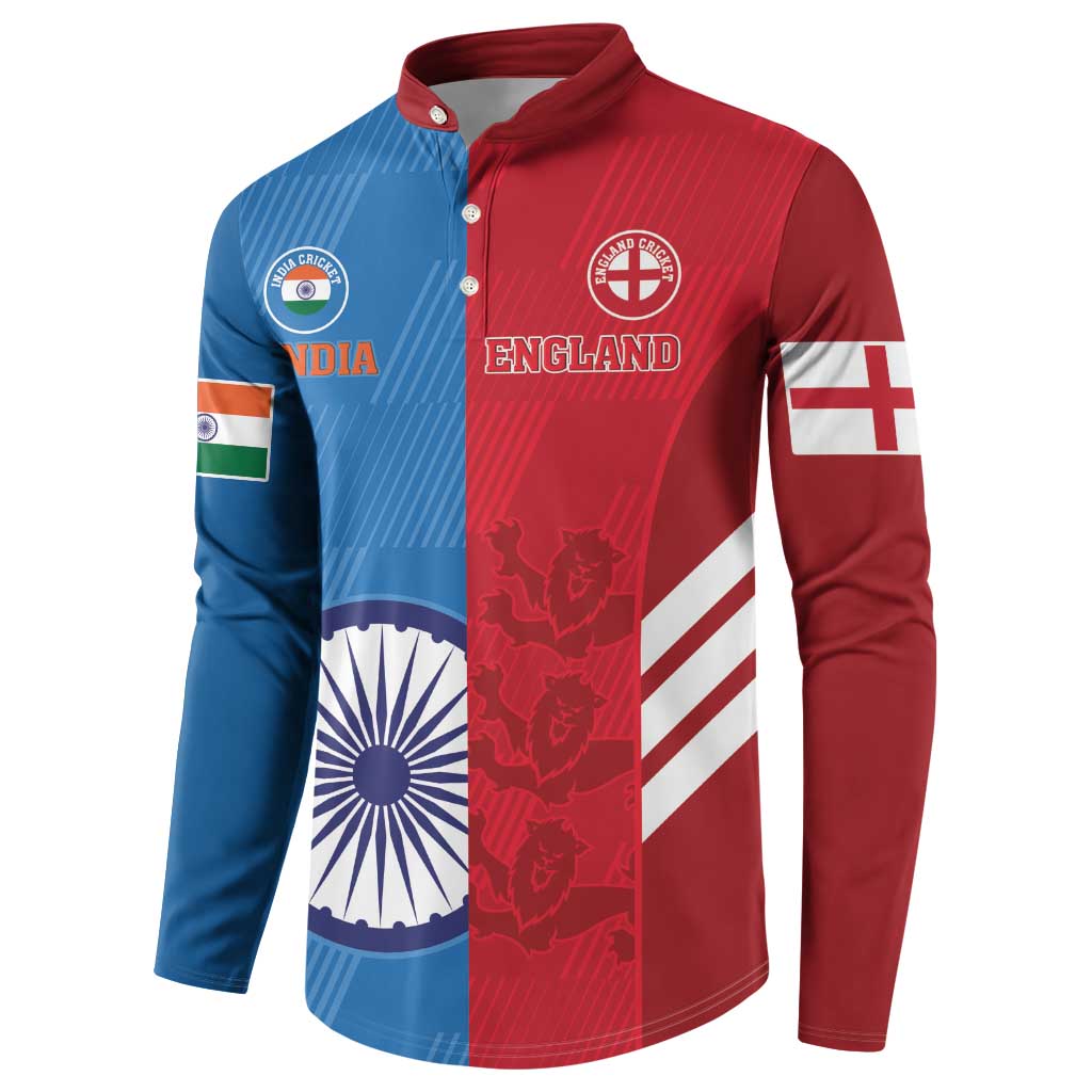 Cricket button sweatshirt, blue left and red right, India and England crests