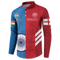 Cricket button sweatshirt, blue left and red right, India and England crests