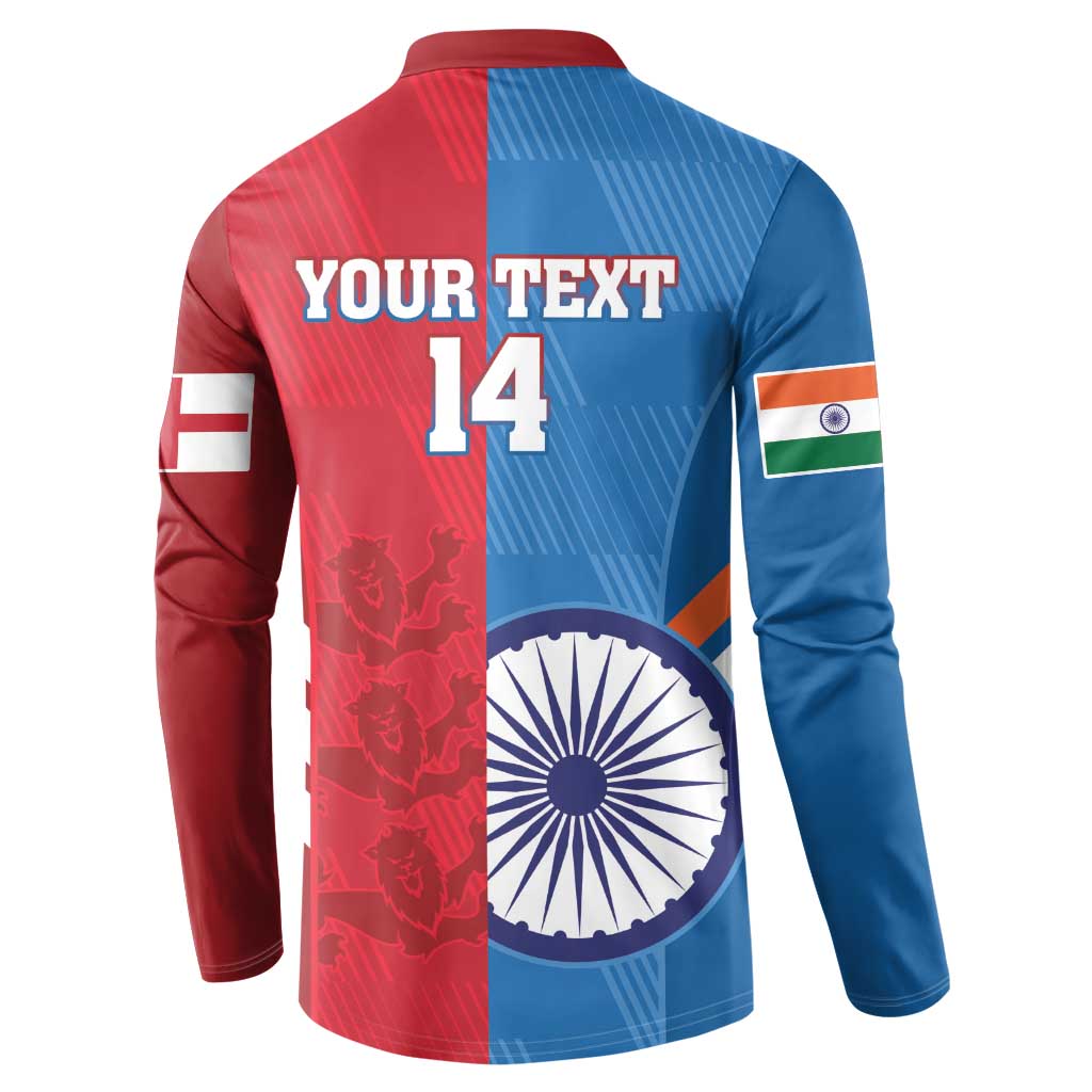 Cricket button sweatshirt back: blue and red panels, 'YOUR TEXT' and number 14