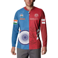 Cricket button sweatshirt on model, blue and red front with India and England crests