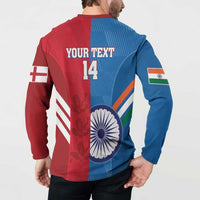 Cricket button sweatshirt back on model, 'YOUR TEXT' 14 with India and England flags