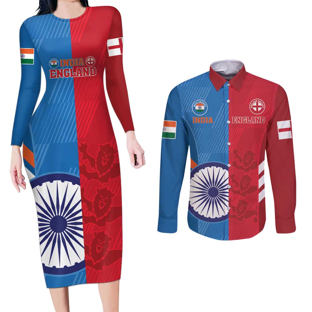 Custom India And England Cricket Couples Matching Long Sleeve Bodycon Dress and Long Sleeve Button Shirt 2024 Together Dynamic Version - Wonder Print Shop