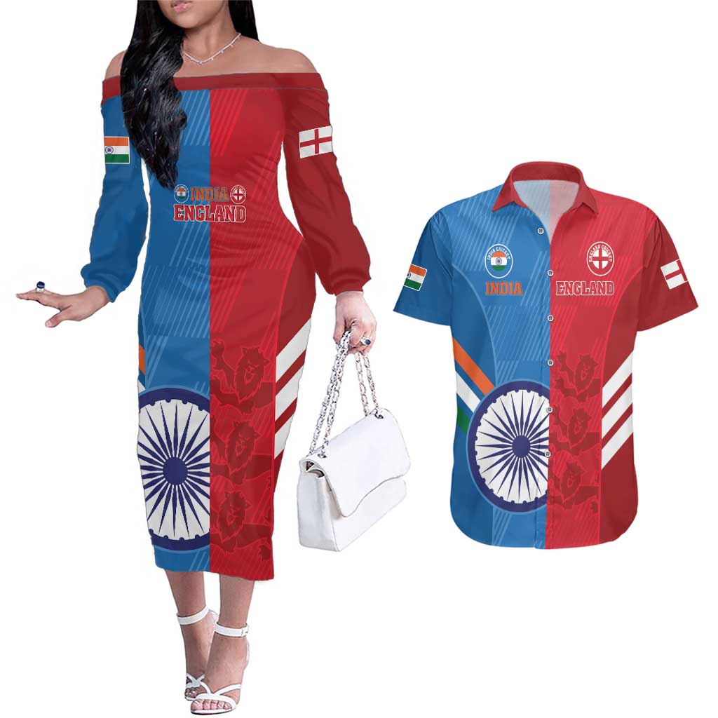 Custom India And England Cricket Couples Matching Off The Shoulder Long Sleeve Dress and Hawaiian Shirt 2024 Together Dynamic Version - Wonder Print Shop