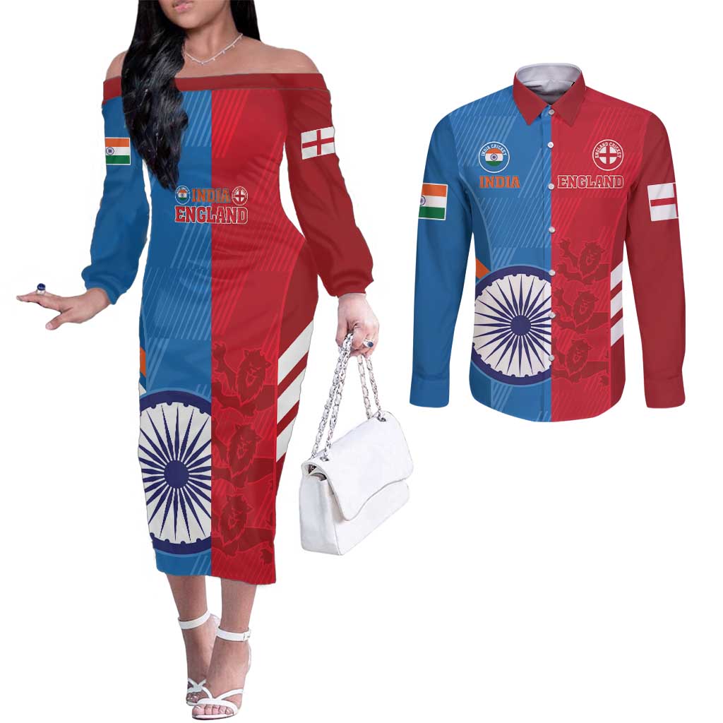 Custom India And England Cricket Couples Matching Off The Shoulder Long Sleeve Dress and Long Sleeve Button Shirt 2024 Together Dynamic Version