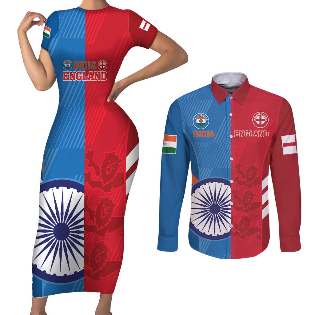 Custom India And England Cricket Couples Matching Short Sleeve Bodycon Dress and Long Sleeve Button Shirt 2024 Together Dynamic Version - Wonder Print Shop