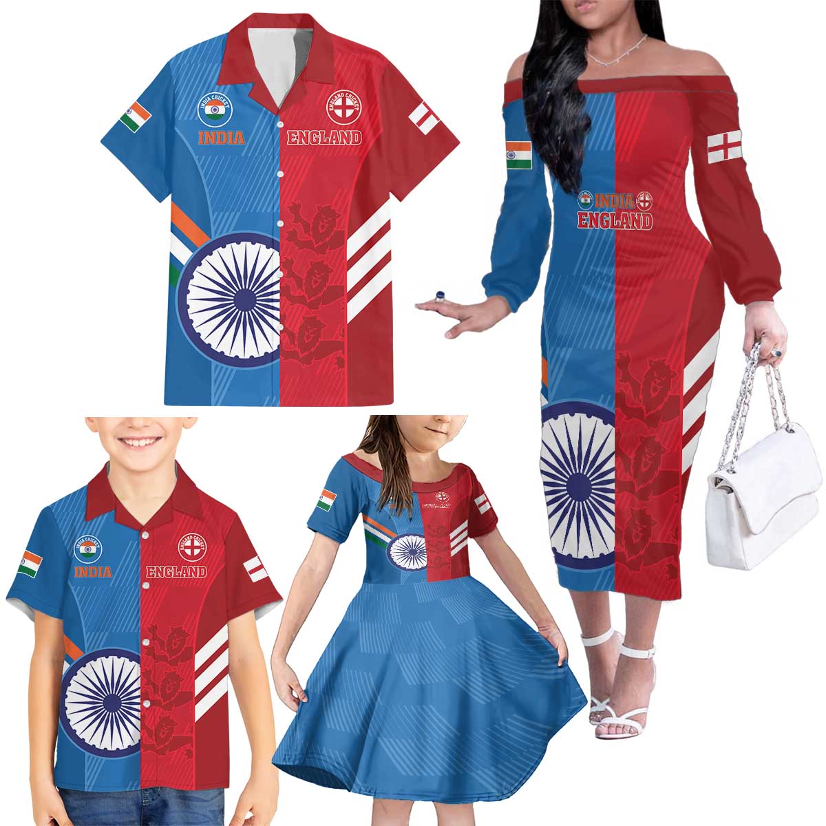 Custom India And England Cricket Family Matching Off The Shoulder Long Sleeve Dress and Hawaiian Shirt 2024 Together Dynamic Version - Wonder Print Shop