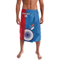Blue cricket lavelava shorts with red panel, India flag graphic, and number 14