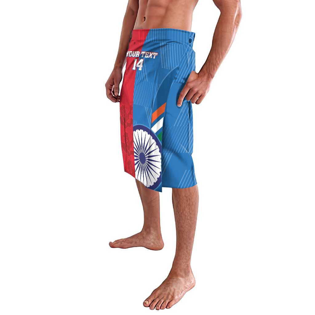 Blue cricket lavelava shorts with India flag graphic and red side stripe