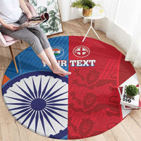 Round cricket carpet with blue left, red right, and “YOUR TEXT” banner graphic