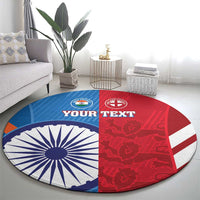 Round cricket round rug with Indian flag style rays, red England section, “YOUR TEXT”