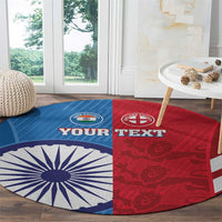 Blue-and-red cricket round carpet with “YOUR TEXT” lettering and lion/crest motifs