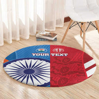 Round cricket carpet featuring blue rays, red patterned area, and “YOUR TEXT” text