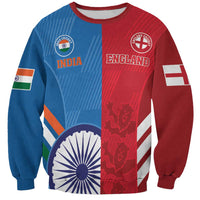 Unisex cricket sweatshirt with blue and red half-panel design, country logos on chest