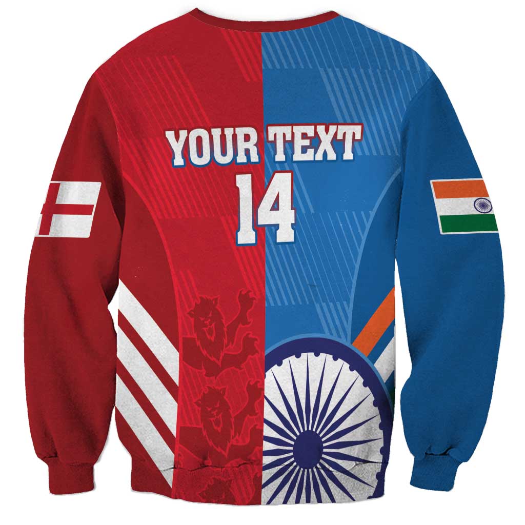 Unisex cricket sweatshirt, back view with red/blue split, Your Text 14 and country marks