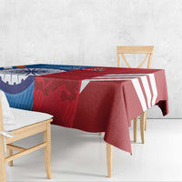 Cricket tablecloth in blue and red with striped England-style side and solid border