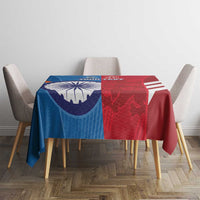 Cricket tablecloth with blue left panel, red right panel, and diagonal stripe design