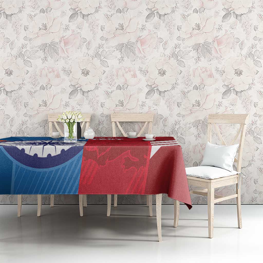 Cricket tablecloth with blue and red panel design covering a dining table