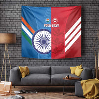 Cricket wall tapestry with India–England flag split, blue/red blocks and white stripes