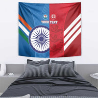 Cricket wall tapestry with India–England flag halves in blue and red, 'YOUR TEXT' center
