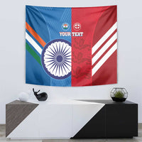 Cricket wall tapestry featuring India–England flag split with circular wheel graphic