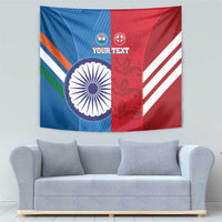 Cricket wall tapestry with India–England flag split, blue-red halves and white stripe panel