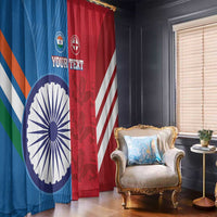 Blue and red cricket-themed window curtains with India emblem and England diagonal stripe pattern
