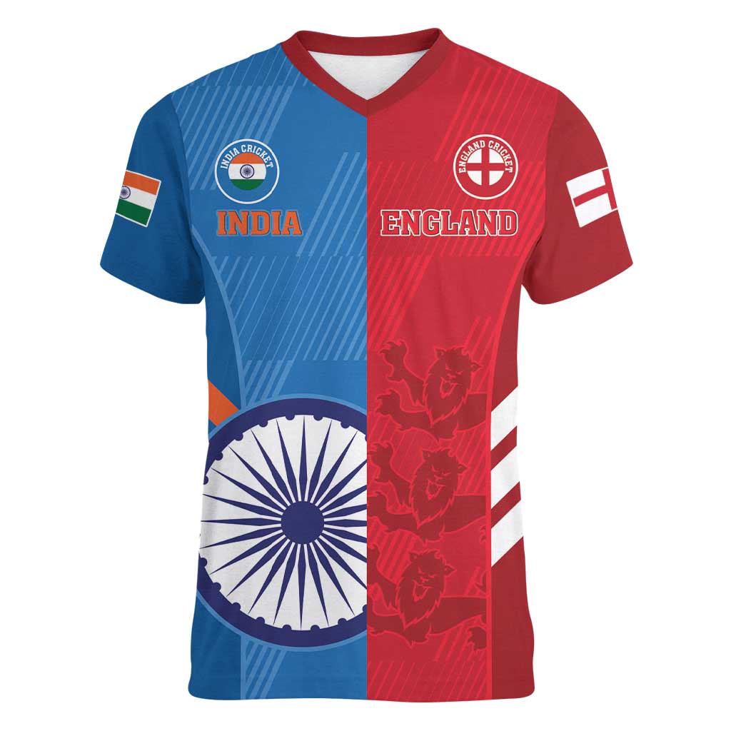 Custom India And England Cricket Women V-Neck T-Shirt 2024 Together Dynamic Version