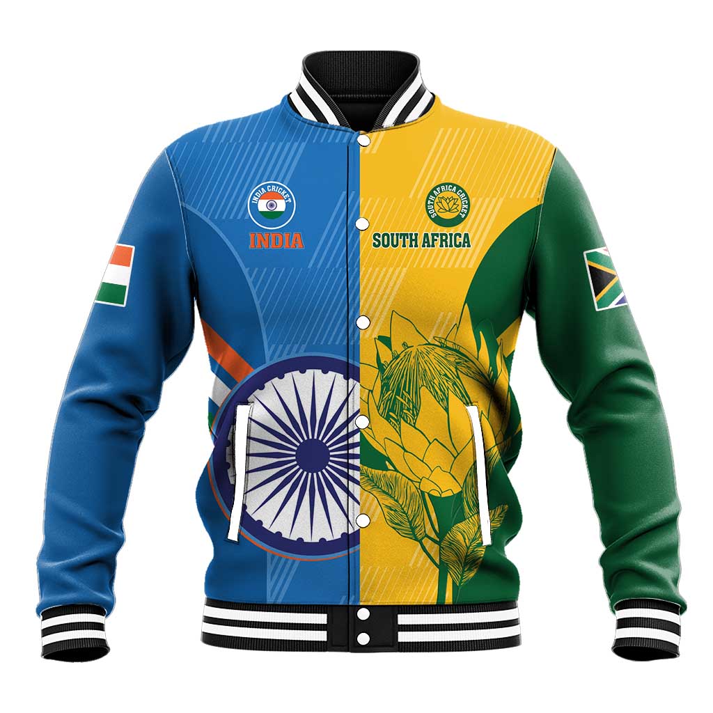 Unisex varsity baseball jacket, front view with button placket and India, South Africa crests
