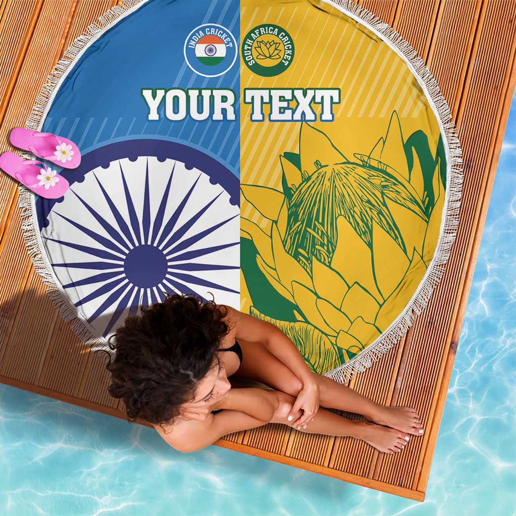 Round beach blanket with fringed edge, India and South Africa split panels, tropical leaves