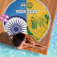 Round beach blanket with fringed edge, India and South Africa split panels, tropical leaves