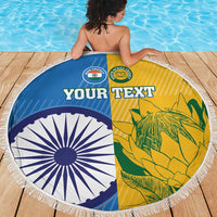 Round beach blanket on deck, fringed edge, India and South Africa split colors with “YOUR TEXT”