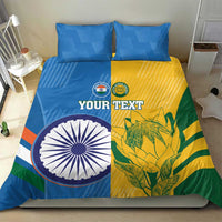 Cricket bedding set: blue-yellow-green duvet with circular emblems and YOUR TEXT on two pillows
