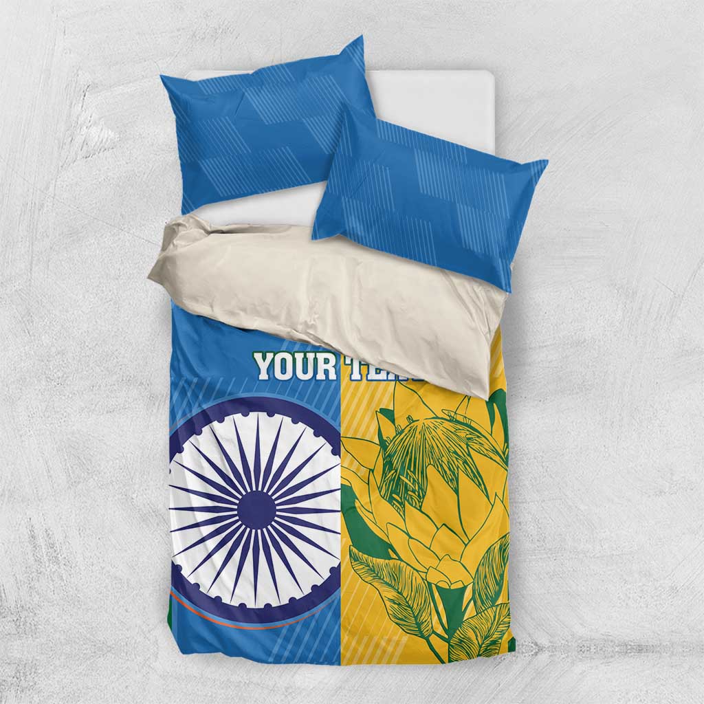Cricket bedding set laid flat: blue duvet with circular emblem, yellow-green section, two pillowcases