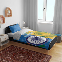 Cricket bedding set on bed: blue, yellow, and green duvet with emblem and YOUR TEXT