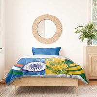 Cricket bedding set with blue and tricolor design: circular emblem, yellow-green leaf print