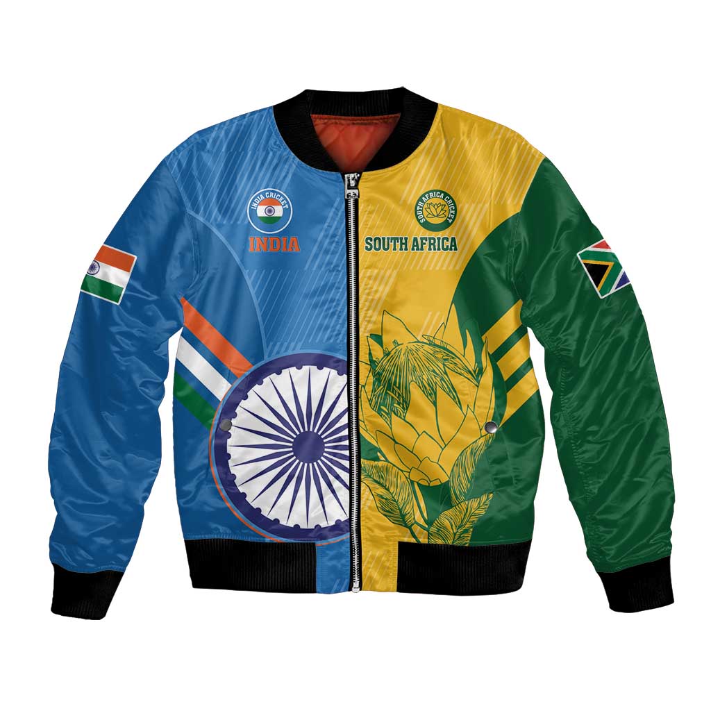 Colorblock cricket bomber jacket with India and South Africa graphics, black rib trim