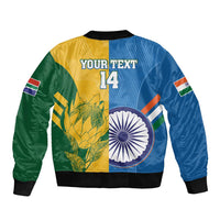 Cricket bomber jacket back with your text, number 14, India and South Africa graphics