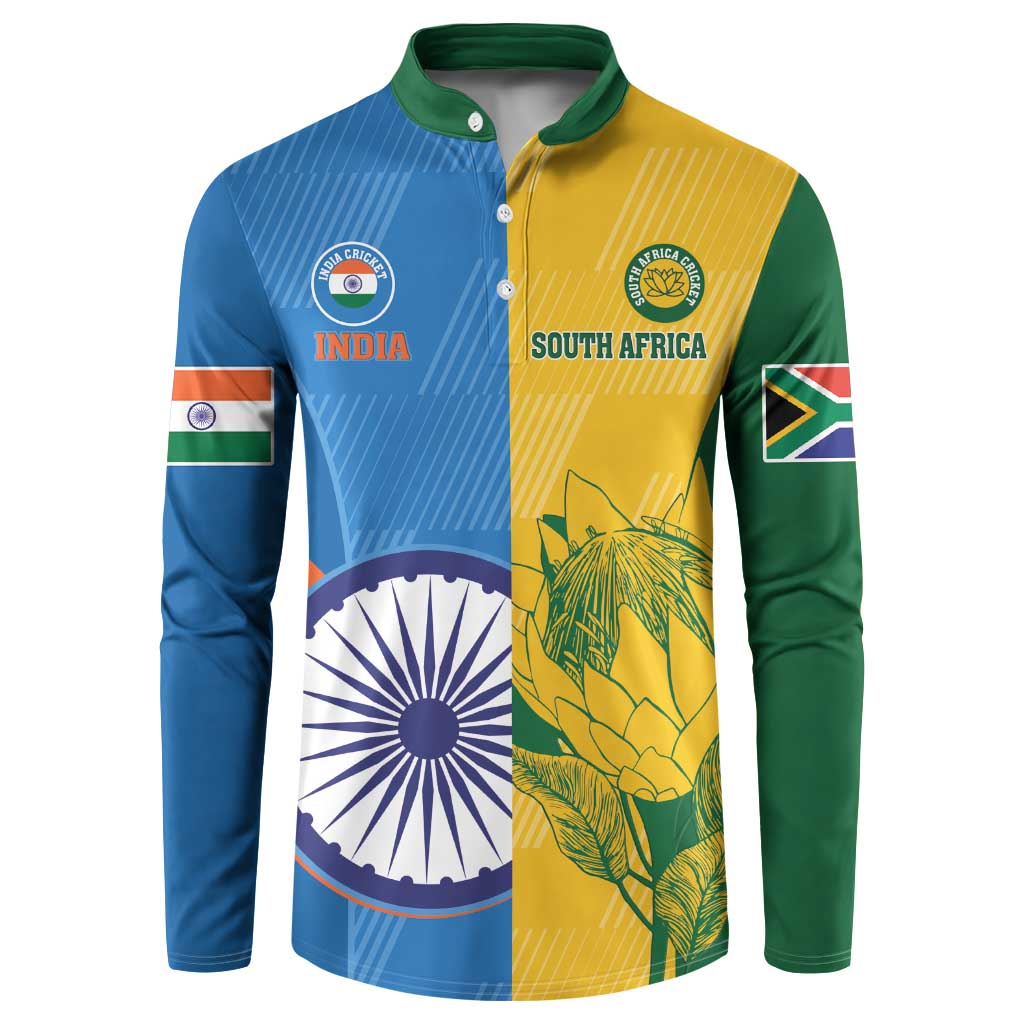 Cricket button sweatshirt, blue and yellow with green sleeves and India/South Africa crests