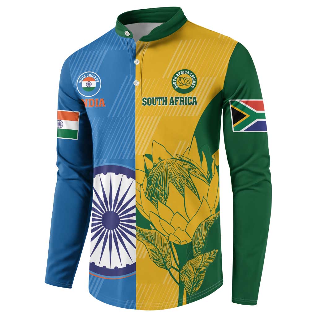 Cricket button sweatshirt, blue yellow green with India and South Africa front badges