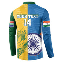 Cricket button sweatshirt back, blue and yellow with YOUR TEXT and number 14