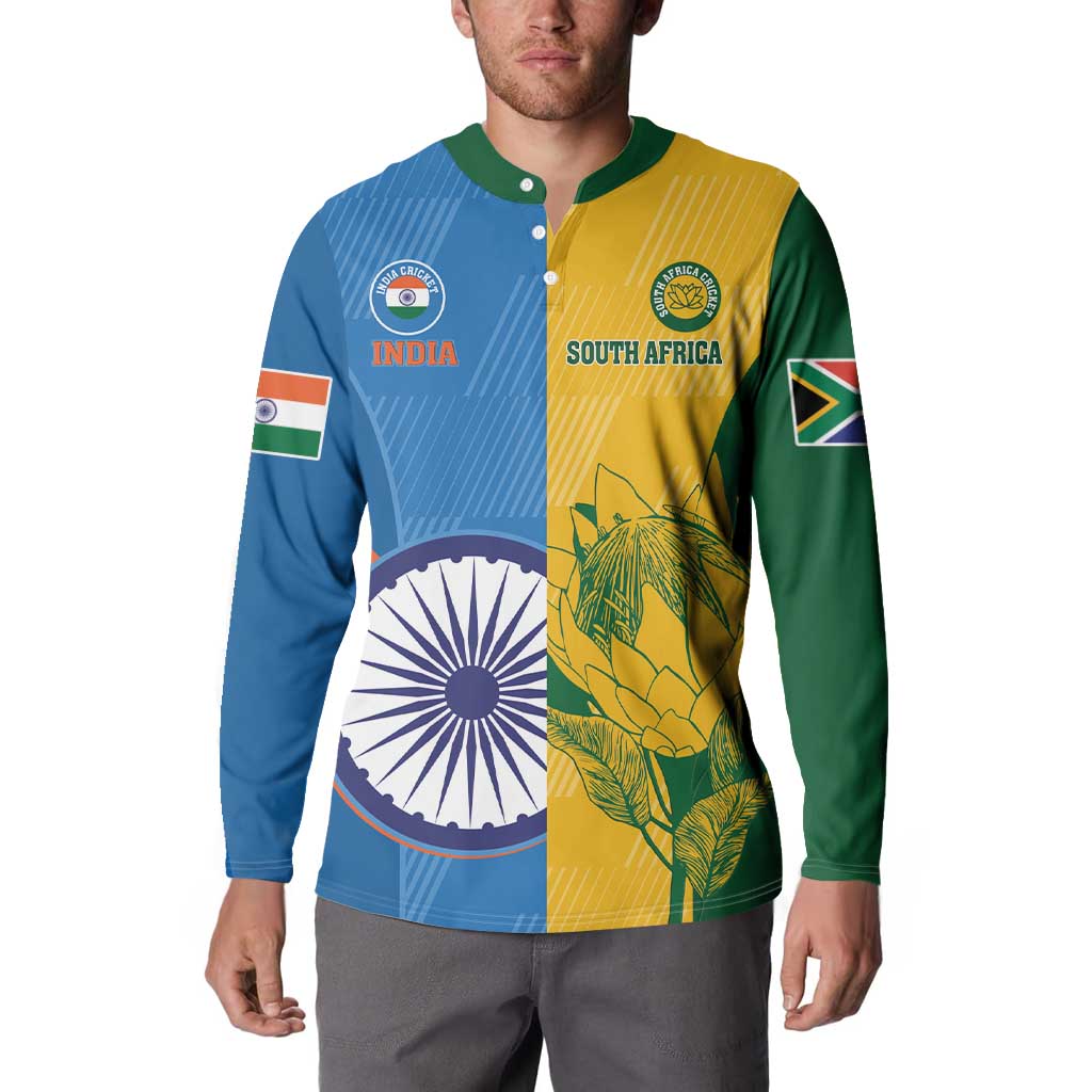Cricket button sweatshirt with long sleeves, green trim, India and South Africa logos