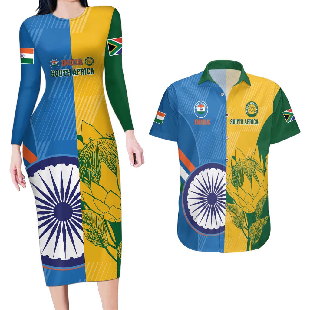 Custom India And South Africa Cricket Couples Matching Long Sleeve Bodycon Dress and Hawaiian Shirt 2024 Together Dynamic Version - Wonder Print Shop