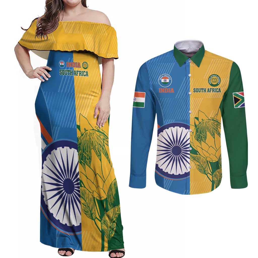 Custom India And South Africa Cricket Couples Matching Off Shoulder Maxi Dress and Long Sleeve Button Shirt 2024 Together Dynamic Version - Wonder Print Shop