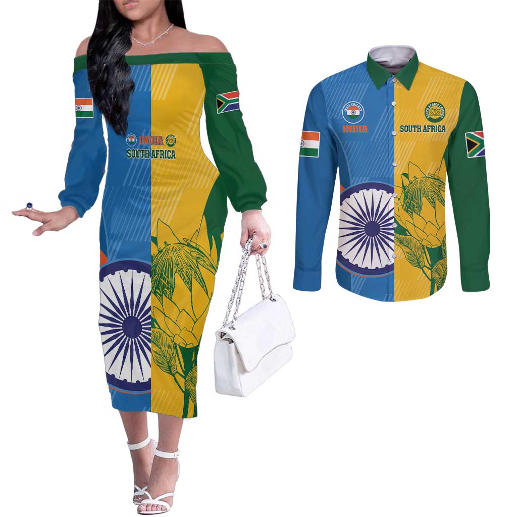 Custom India And South Africa Cricket Couples Matching Off The Shoulder Long Sleeve Dress and Long Sleeve Button Shirt 2024 Together Dynamic Version