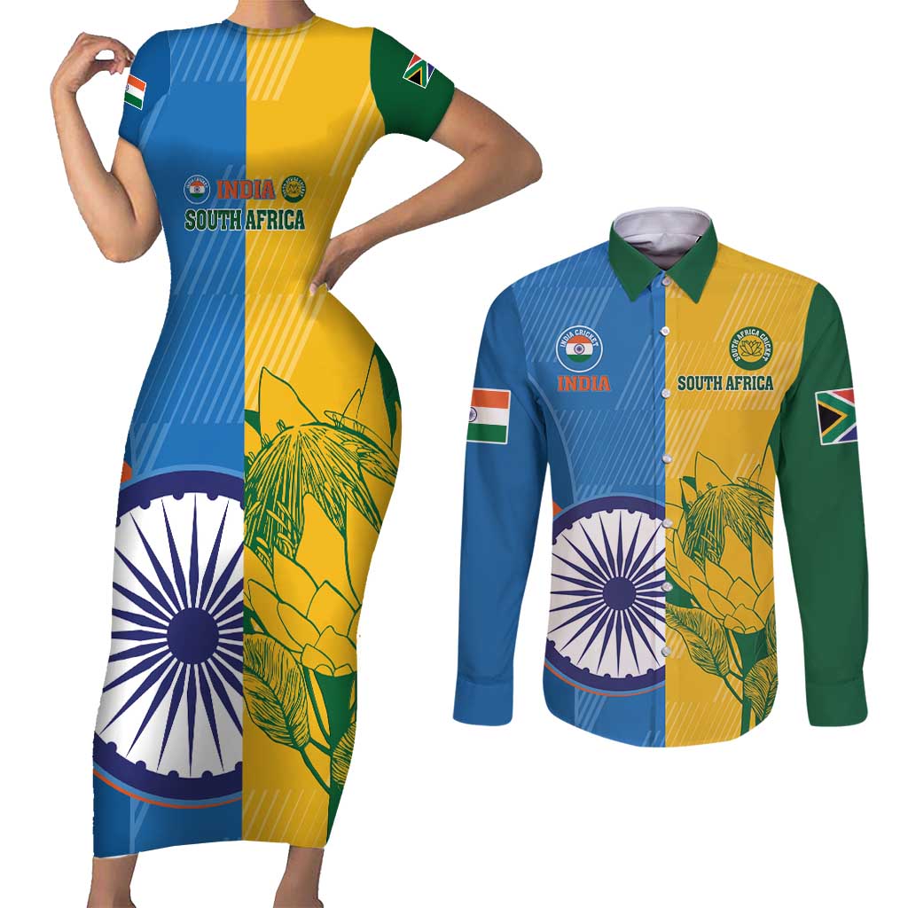 Custom India And South Africa Cricket Couples Matching Short Sleeve Bodycon Dress and Long Sleeve Button Shirt 2024 Together Dynamic Version - Wonder Print Shop