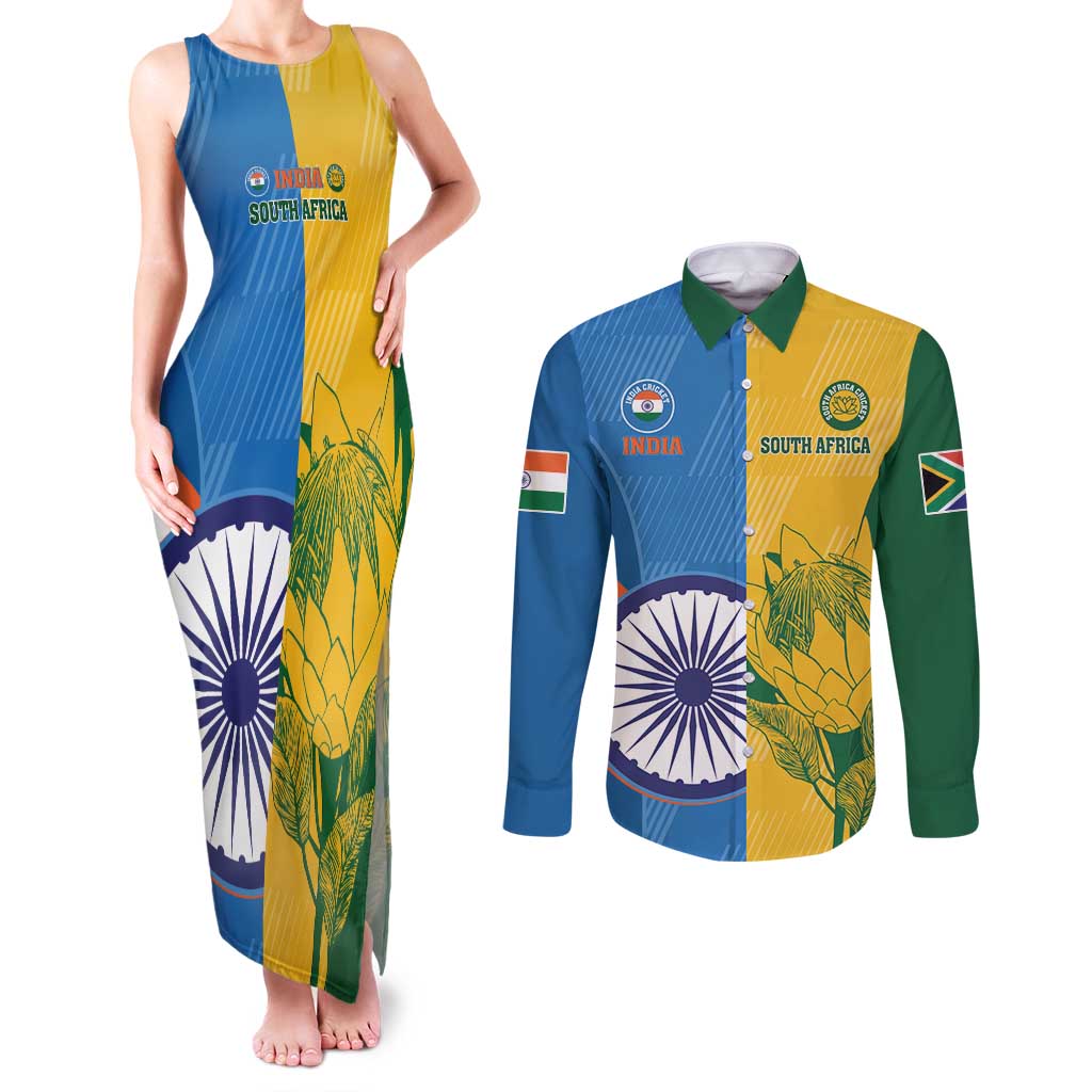 Custom India And South Africa Cricket Couples Matching Tank Maxi Dress and Long Sleeve Button Shirt 2024 Together Dynamic Version - Wonder Print Shop