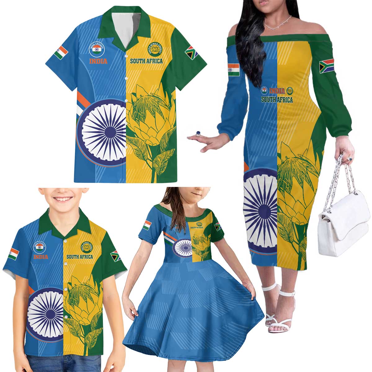 Custom India And South Africa Cricket Family Matching Off The Shoulder Long Sleeve Dress and Hawaiian Shirt 2024 Together Dynamic Version - Wonder Print Shop